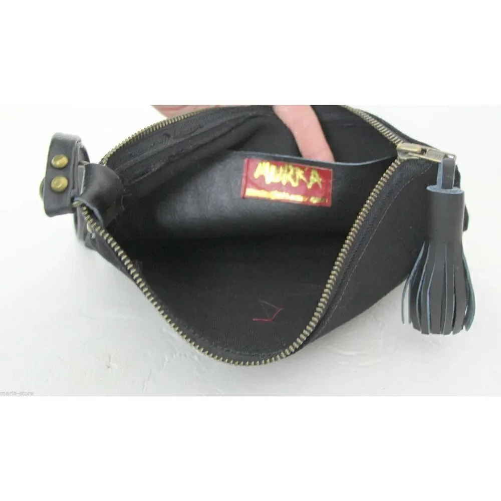 LARGE REBEL HANDMADE MURKA BLACK CANVAS RED STAR LEATHER WRISTLET CLUTCH HANDBAG